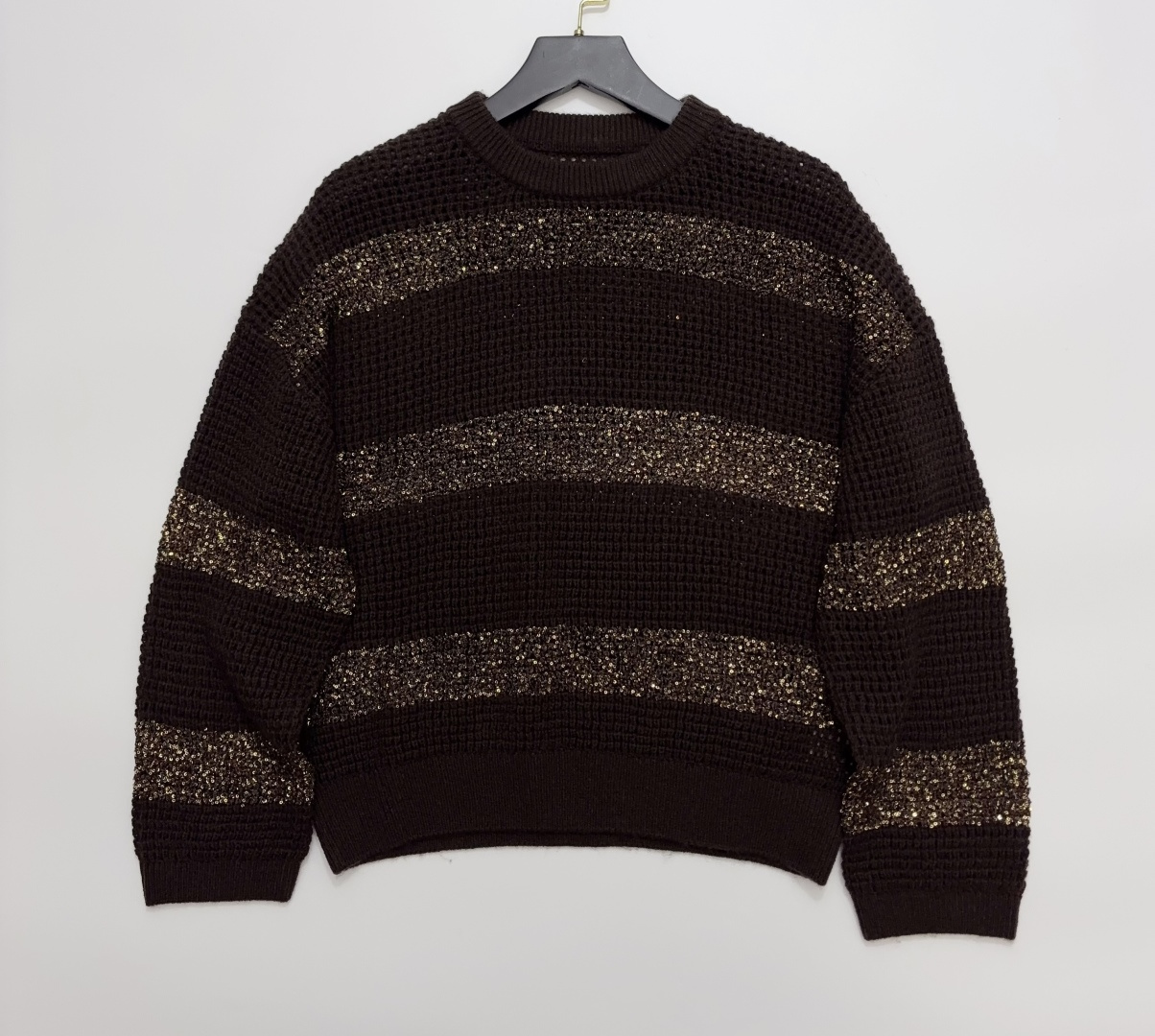 Brunello Cucinelli Early Autumn Striped Hollow-Out Round Neck Casual Knit Top