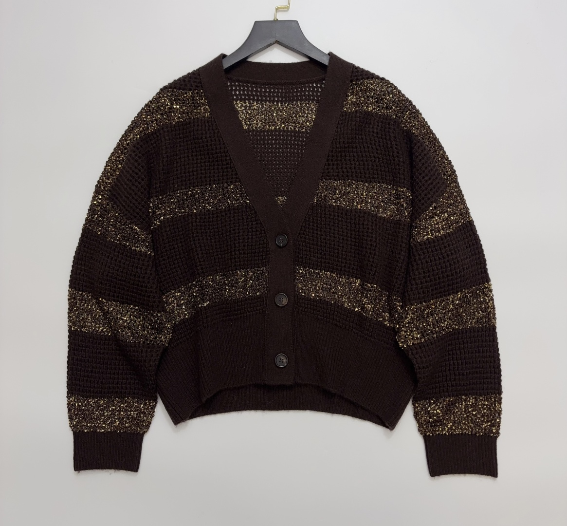 Brunello Cucinelli Early Autumn Striped Hollow-Out Loose Knit Cardigan