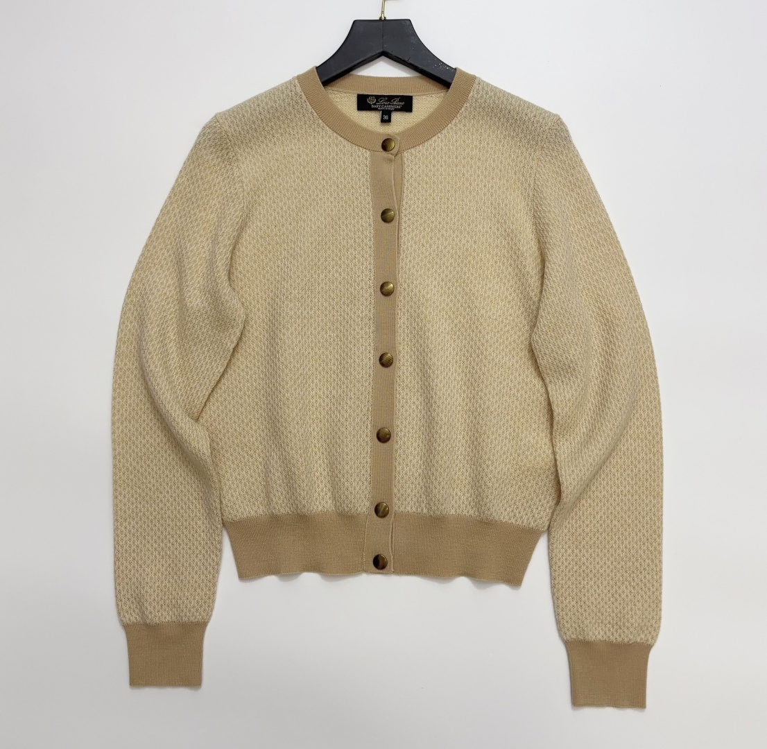 Loro Piana Honeycomb Weave Cashmere Knit Crewneck Long Sleeve Cardigan