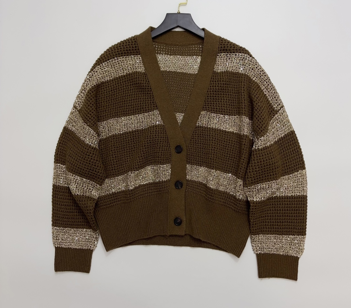 Brunello Cucinelli Early Autumn Striped Hollow-Out Loose Knit Cardigan