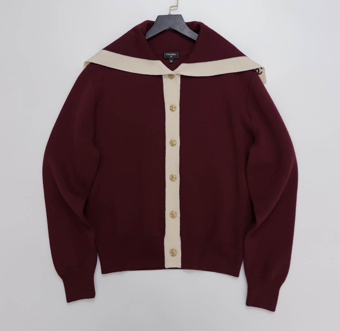 Chanel Early Autumn Colorblock Sailor Collar Gold Button Knit Cardigan