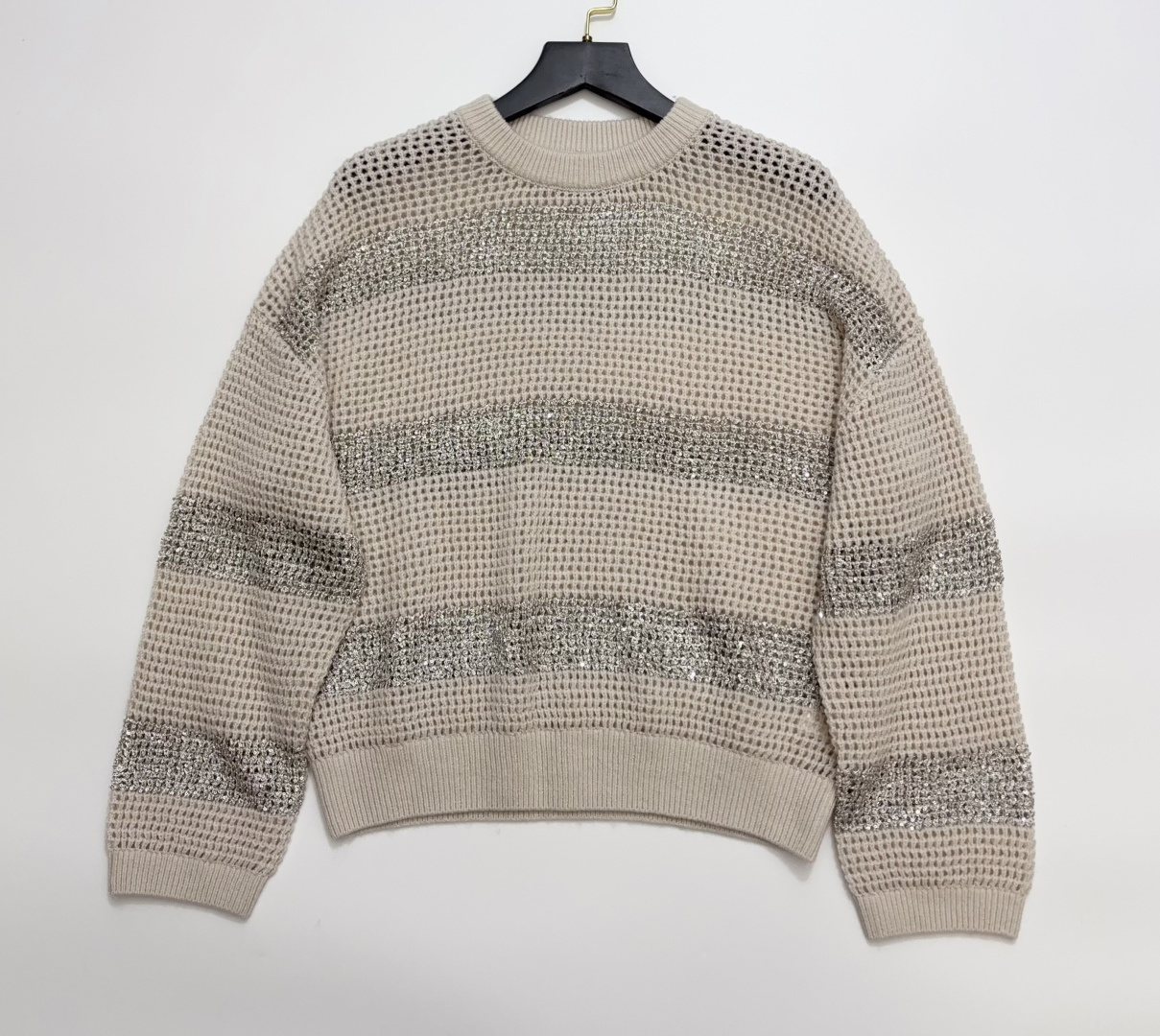 Brunello Cucinelli Striped Hollow-Out Crewneck Knit Sweater Loose Long Sleeve Top