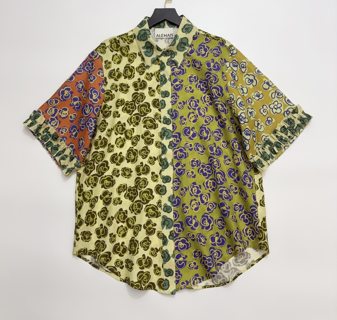 Alémais Patty Retro Print Linen Relaxed Short Sleeve Shirt