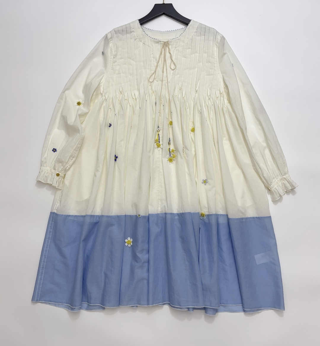 Horror Vacui Vintage Pleated Hand-Beaded Colorful 3D Floral Loose Colorblock Shirt Dress