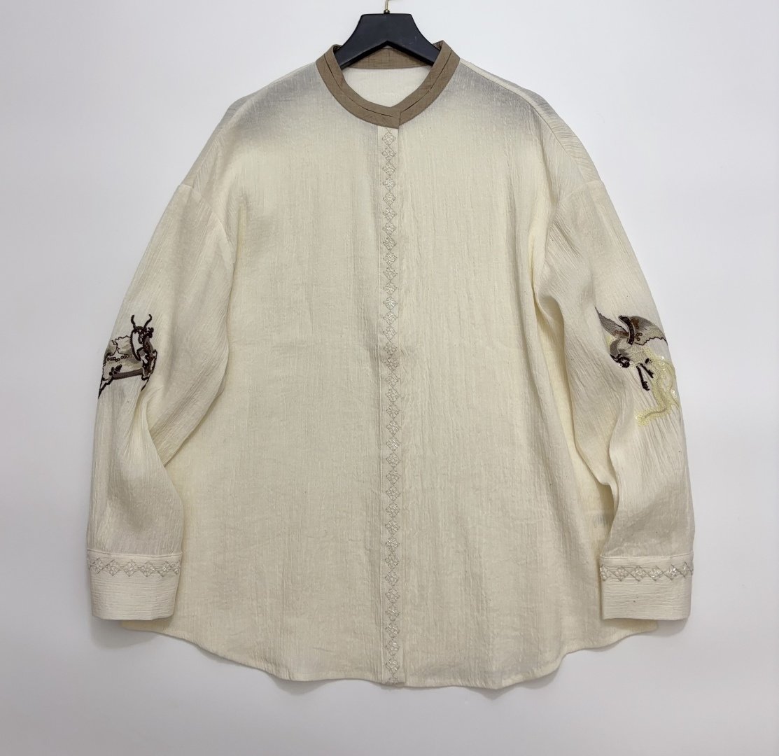 Heavy Embellished Sequin Crane Embroidery Beaded Long Sleeve Shirt Color Block Stand Collar Textured Cotton Linen Blouse