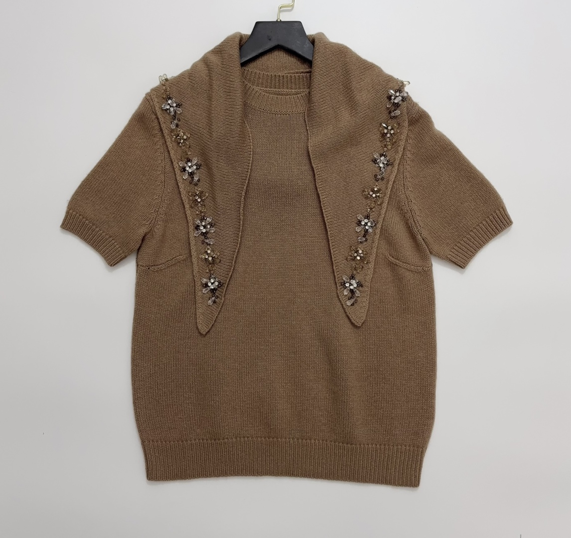 Prada Hand-Beaded Detachable Shawl Soft Cashmere Knit Short Sleeve Top