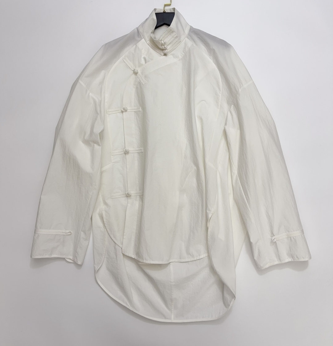 Chinese Knot Mandarin Collar Asymmetric Front-Short-Back-Long Side-Slit Oversized Thin Shirt