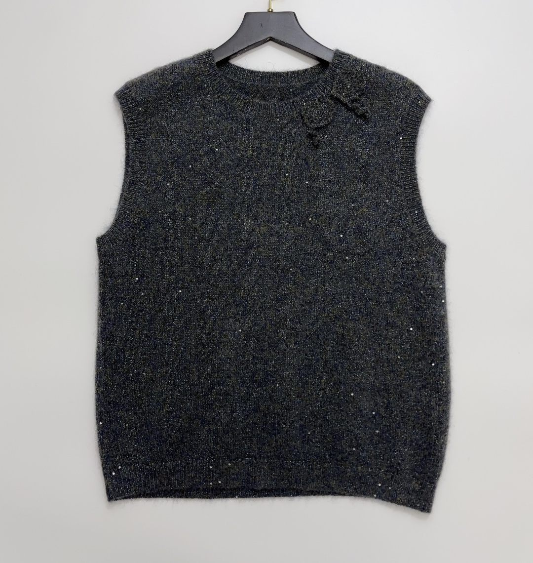 Hand-Crocheted 3D Floral Sequin Knit Vest