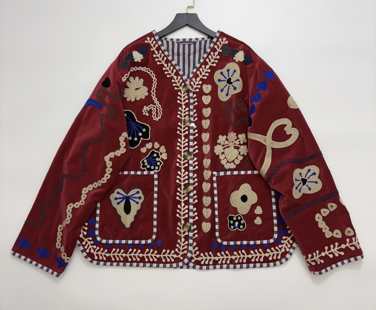 Velvet Patchwork 3D Embroidered Oversized Striped Lined Jacket