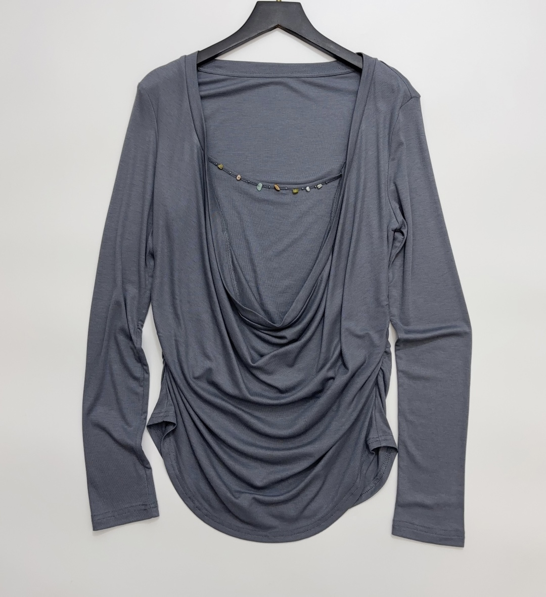 ice Irregular Gemstone Bustier Patchwork Faux Two-Piece French Draped Neck Slim-Fit Long Sleeve T-Shirt