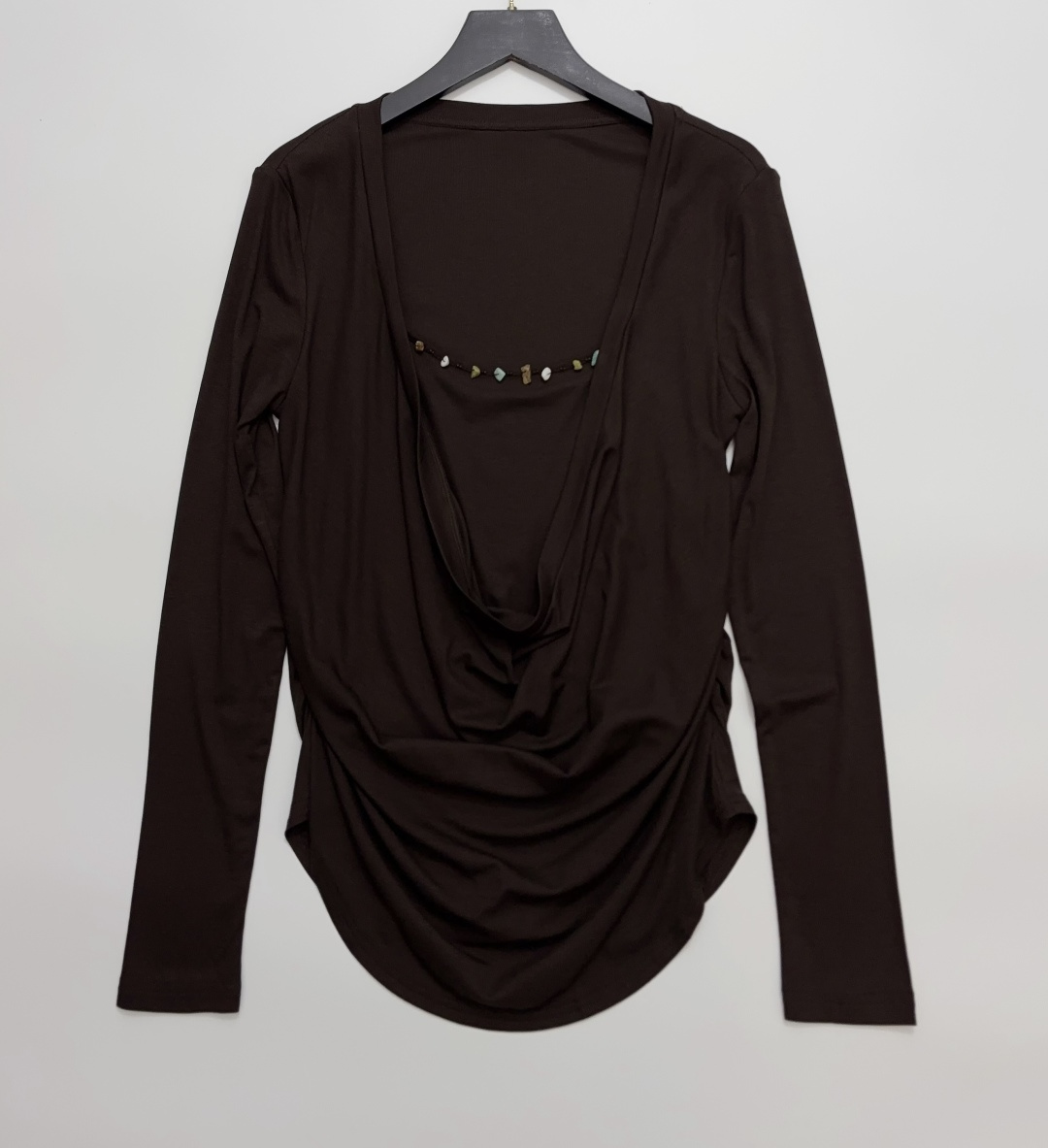 ice Irregular Gemstone Bustier Patchwork Faux Two-Piece French Draped Neck Slim-Fit Long Sleeve T-Shirt