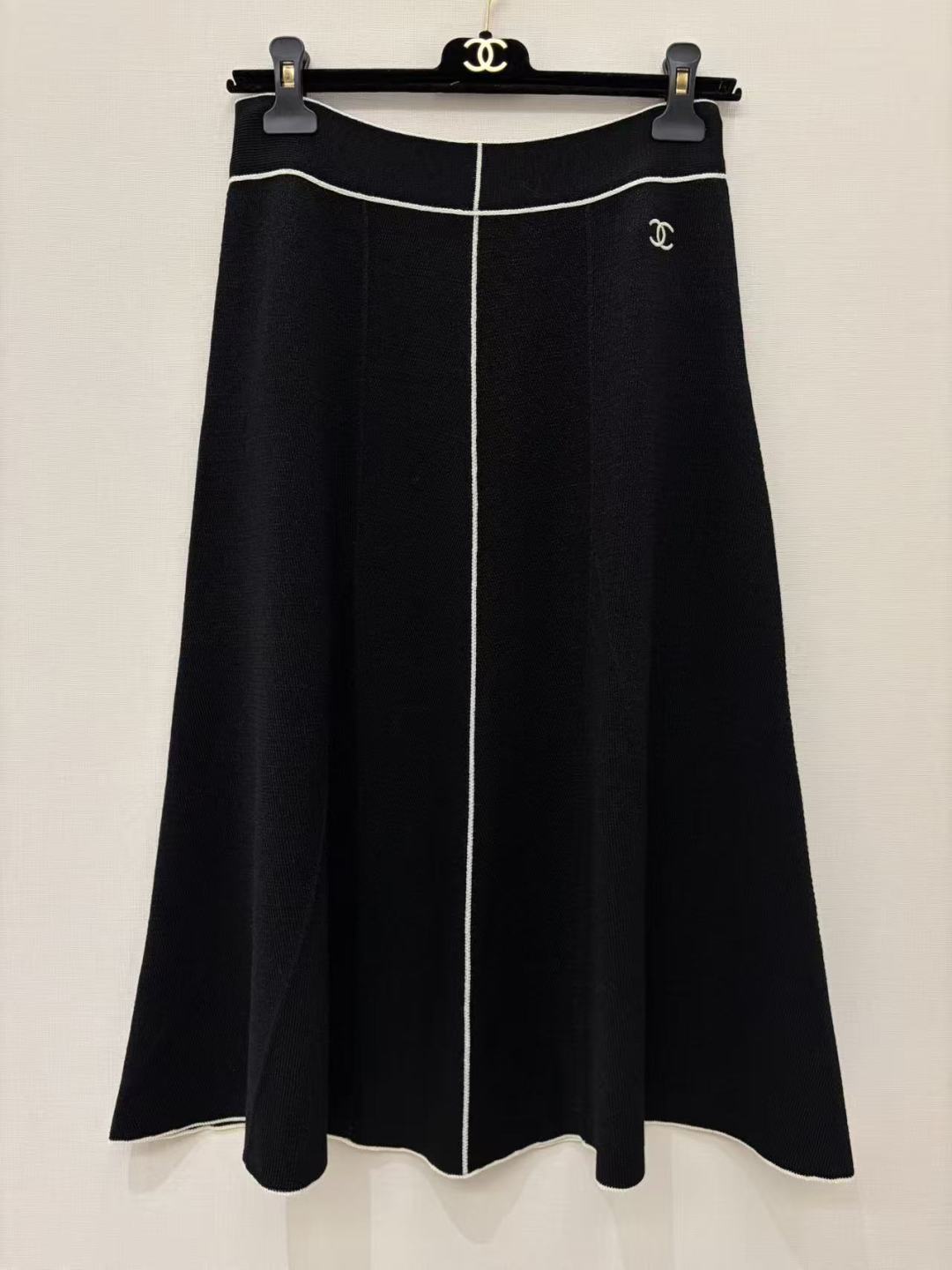 Chanel Wool Silk Blend Black and White Patchwork Knit Skirt