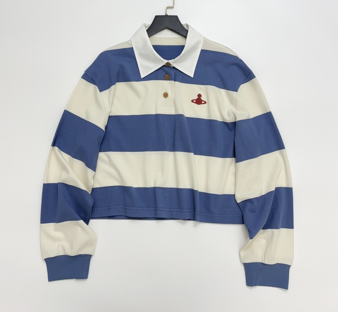Vivienne Westwood Saturn Embroidered Polo Collar Stripe Colorblock Top