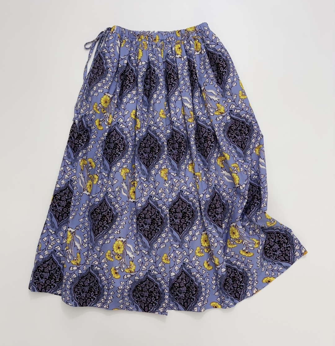 Japanese Cut-Label R Letter Vintage Print Elastic Waist Side Tie Mid-Length Skirt