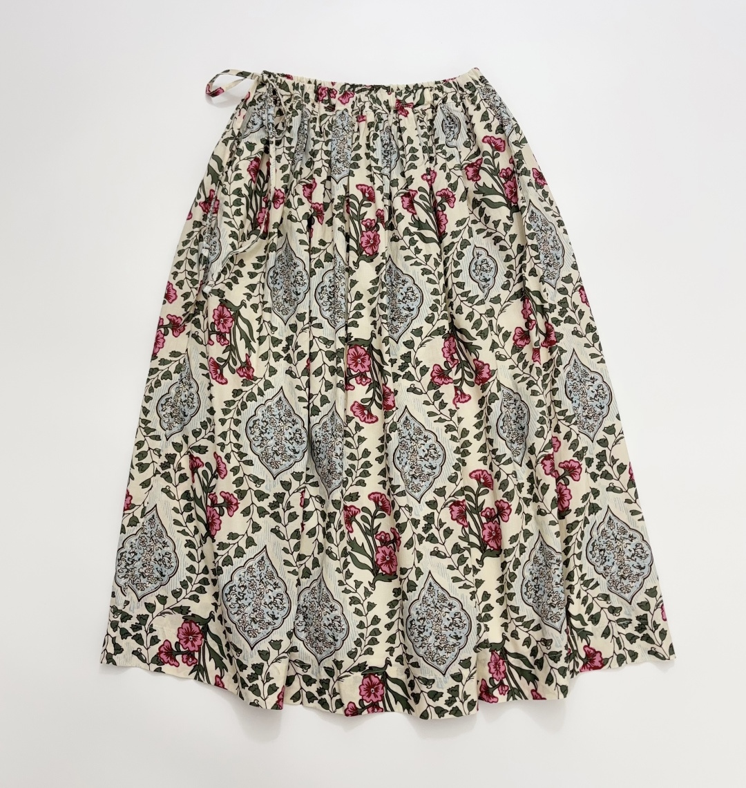 Japanese Cut-Label R Letter Vintage Print Elastic Waist Side Tie Mid-Length Skirt