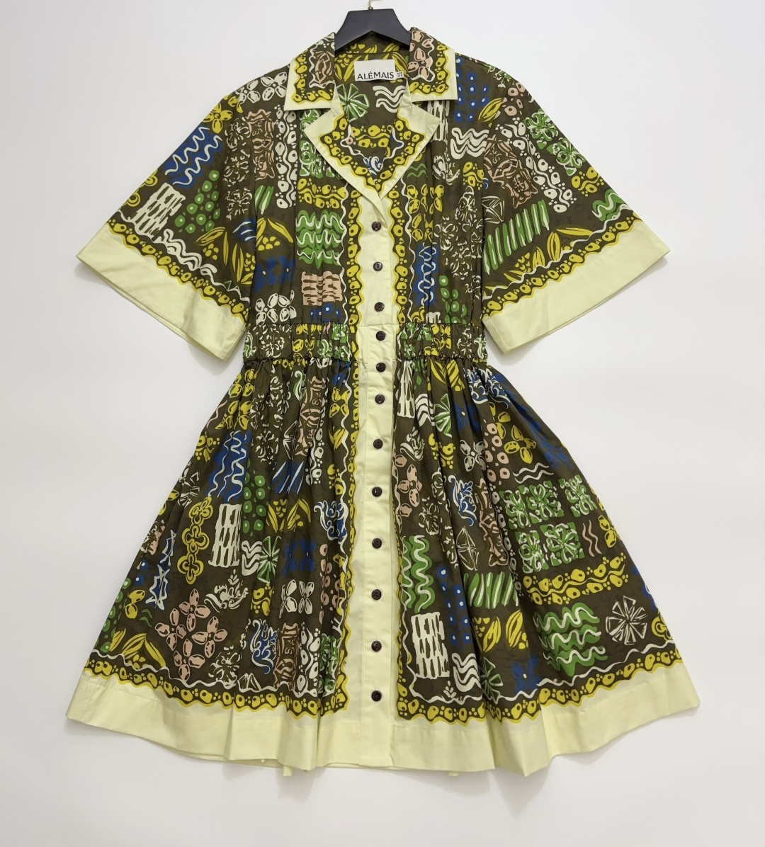 Alémais Early Autumn Graffiti Cotton Print Cinched Waist Flared Shirt Dress