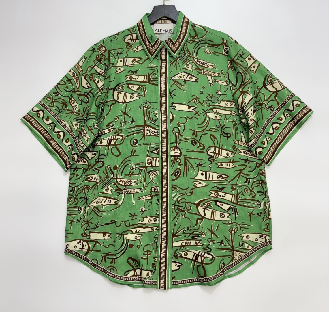 Alémais Linen Green Fish Stripe Print Loose Shirt