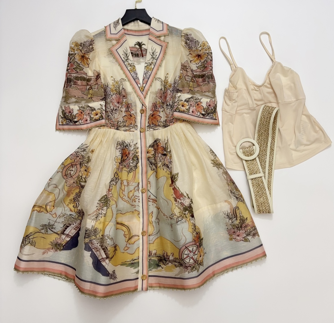 Zimmermann Silk Linen Blend Print Cinched Waist Dress