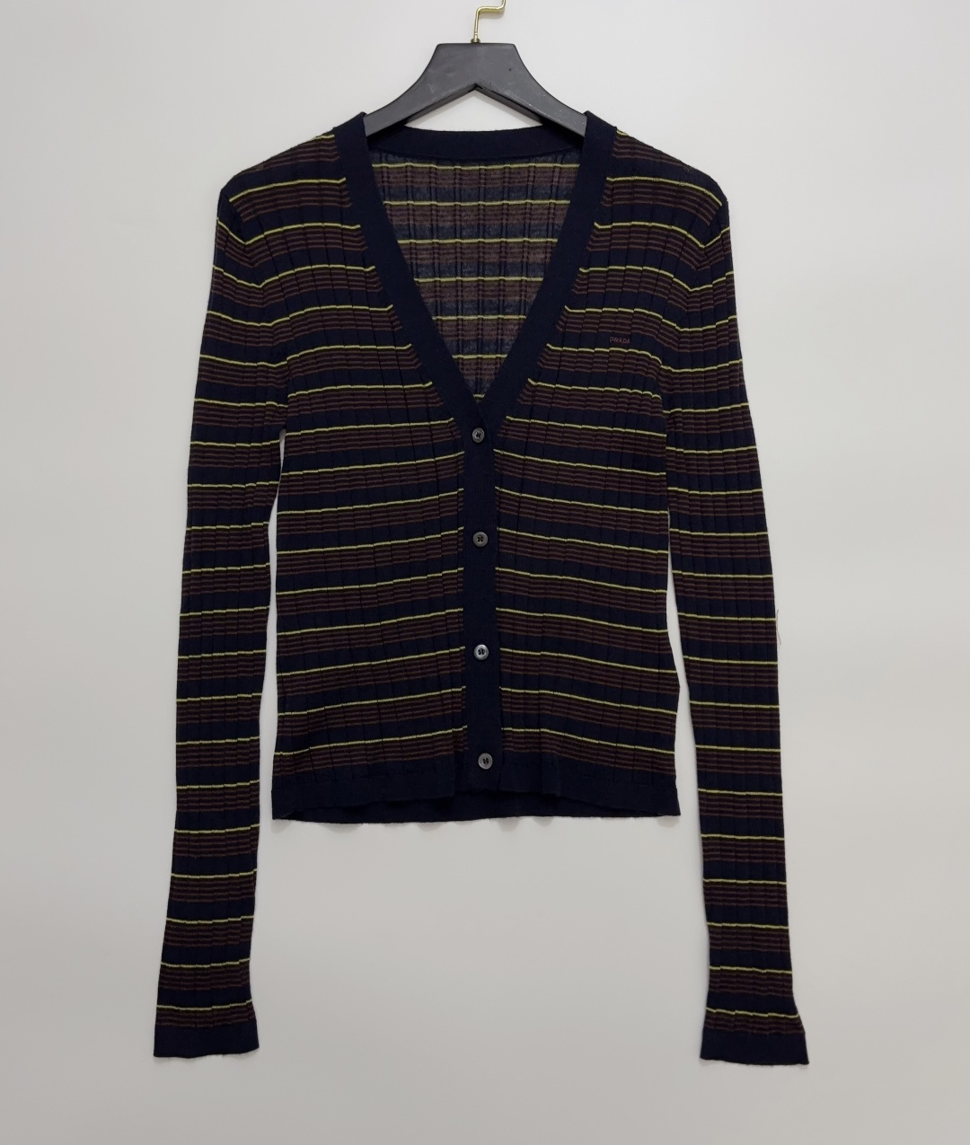 Prada Striped Long-Sleeve Slim-Fit V-Neck Button-Front Cardigan Top