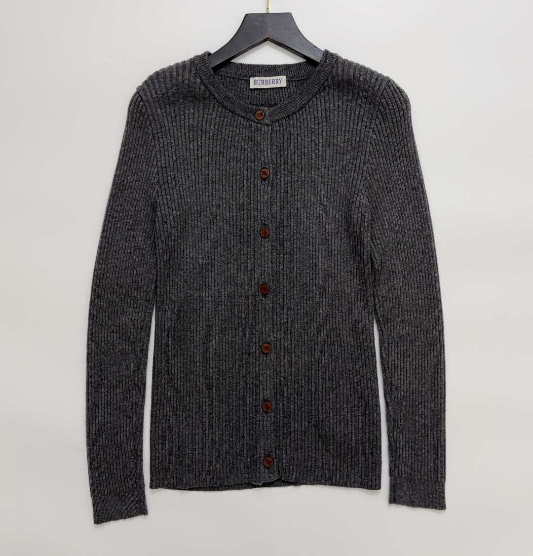 Burberry Vintage Grey Vertical Stripe Knit Cardigan Round Neck Elastic Slim Fit Wool Top