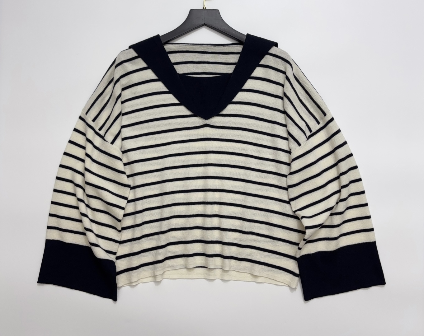 Ralph Lauren Purple Label Cashmere Wool Blend Loose Sailor Collar Stripe Knit Sweater