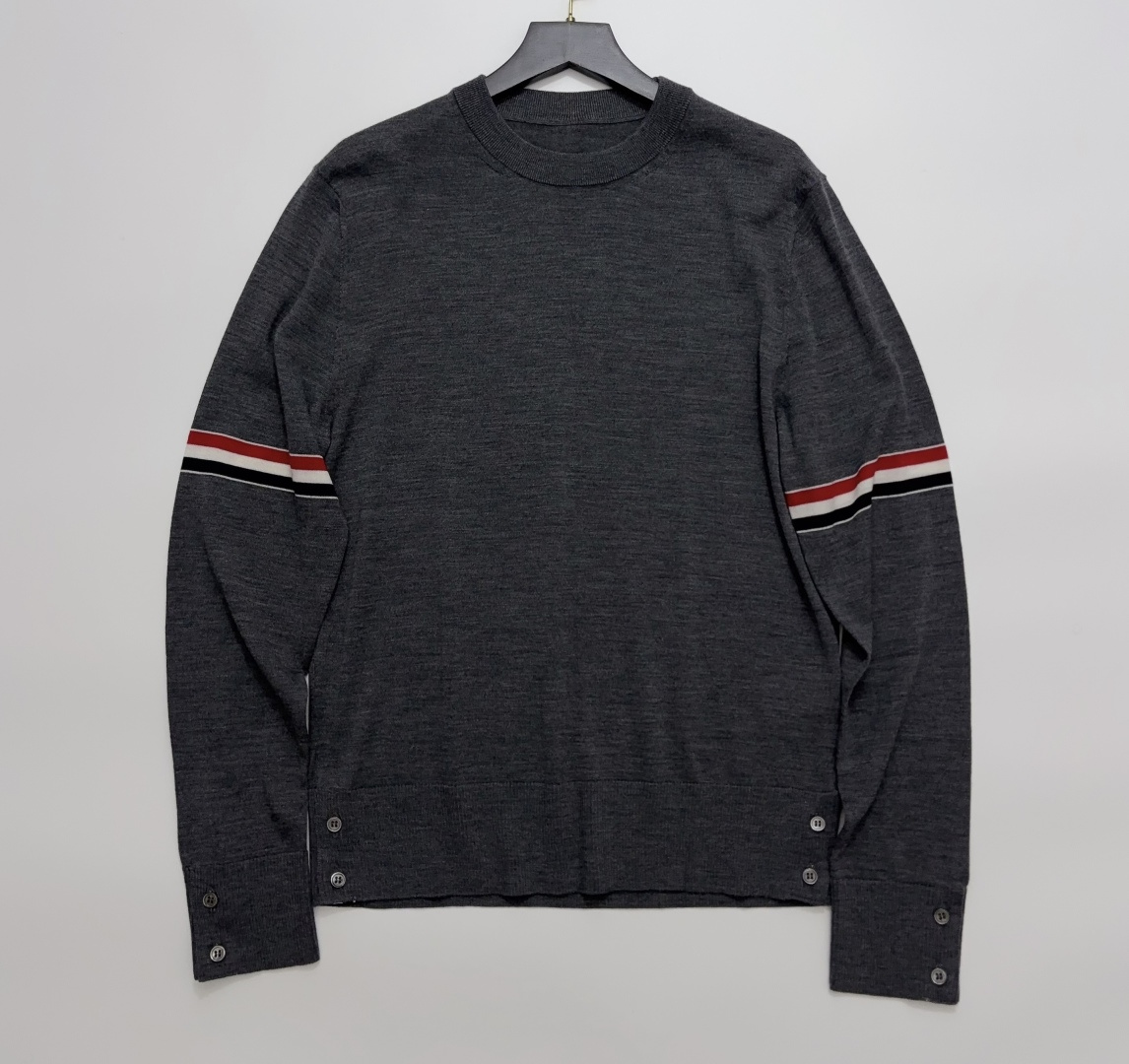 Thom Browne Classic Colorblock Stripe Webbing Button Slit Thin Wool Knit Sweater