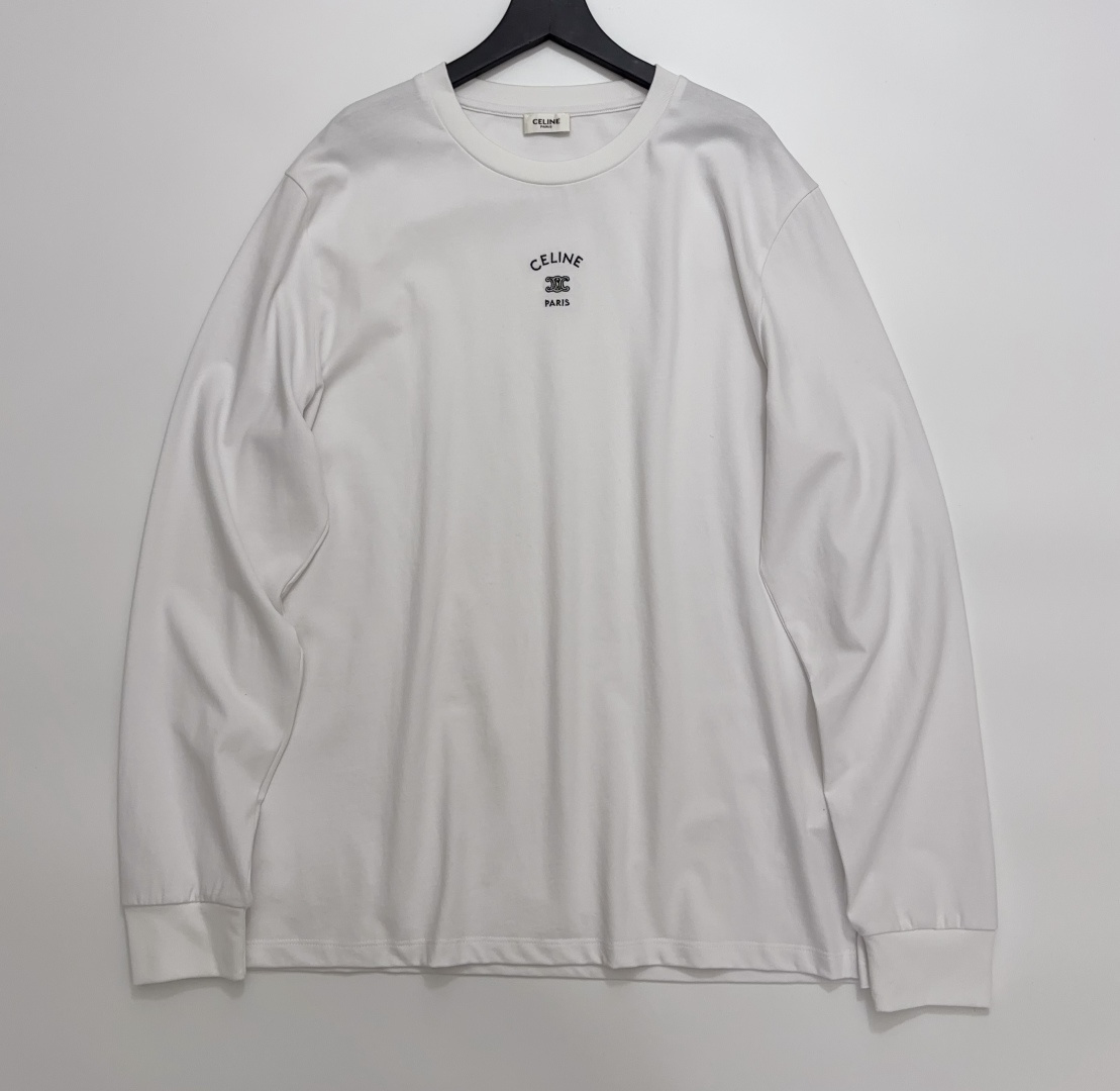 Celine Small Embroidered Simple Crew Neck Long Sleeve T-Shirt Top