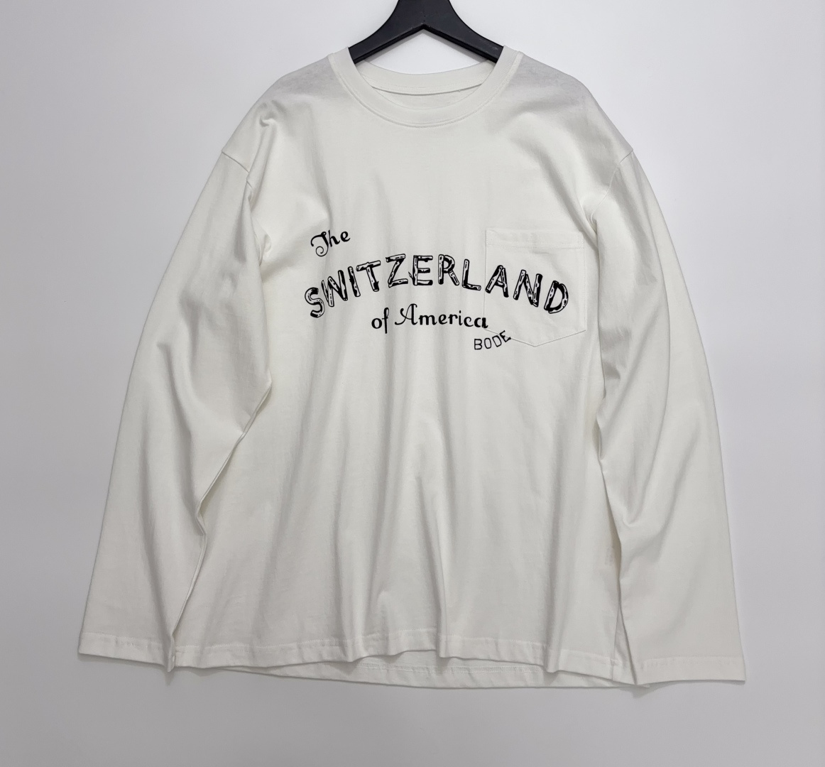 Bode Graffiti Letter Single Pocket Crewneck Long Sleeve T-Shirt