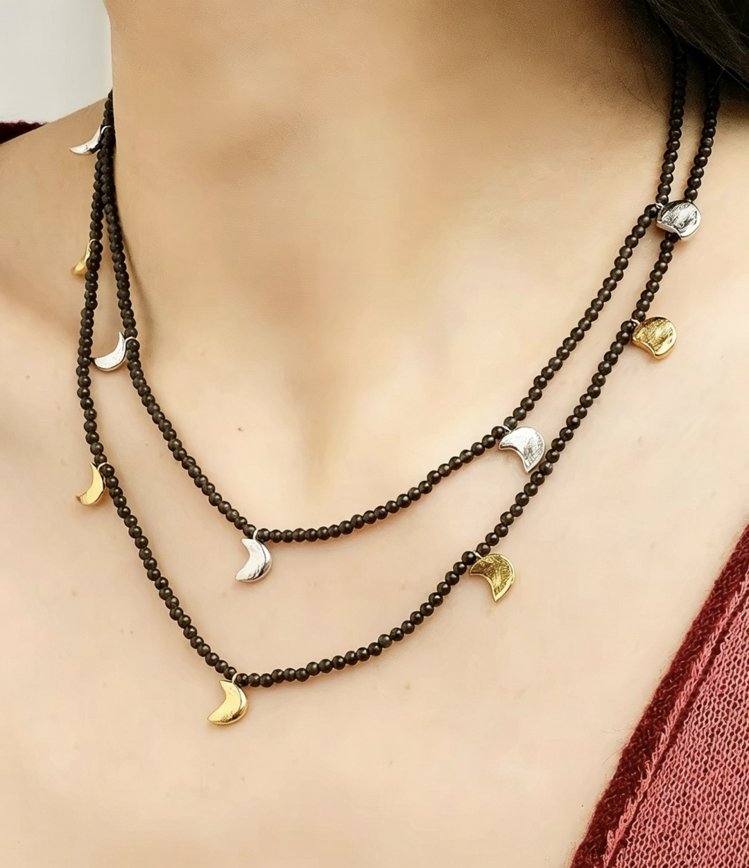 ABOAB 'Crescent and Full Moon' 925 Silver Obsidian Necklace