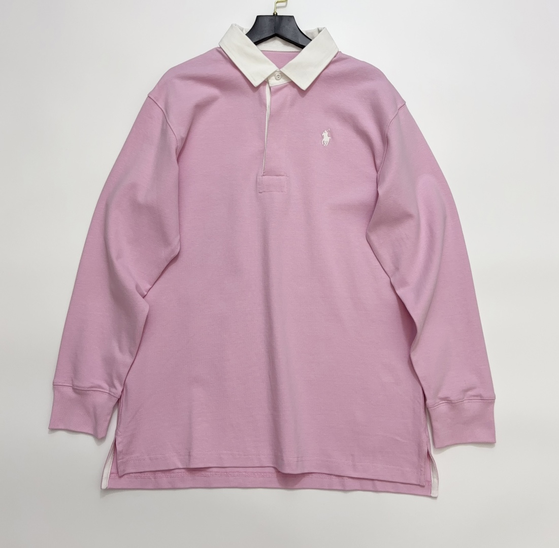 American Vintage Pink Polo with Contrast White Collar Long Sleeve Rugby Shirt