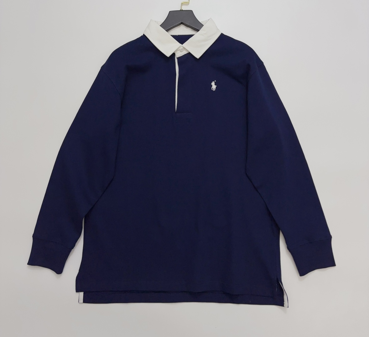 American Vintage Navy Polo with Contrast White Collar Long Sleeve Rugby Shirt