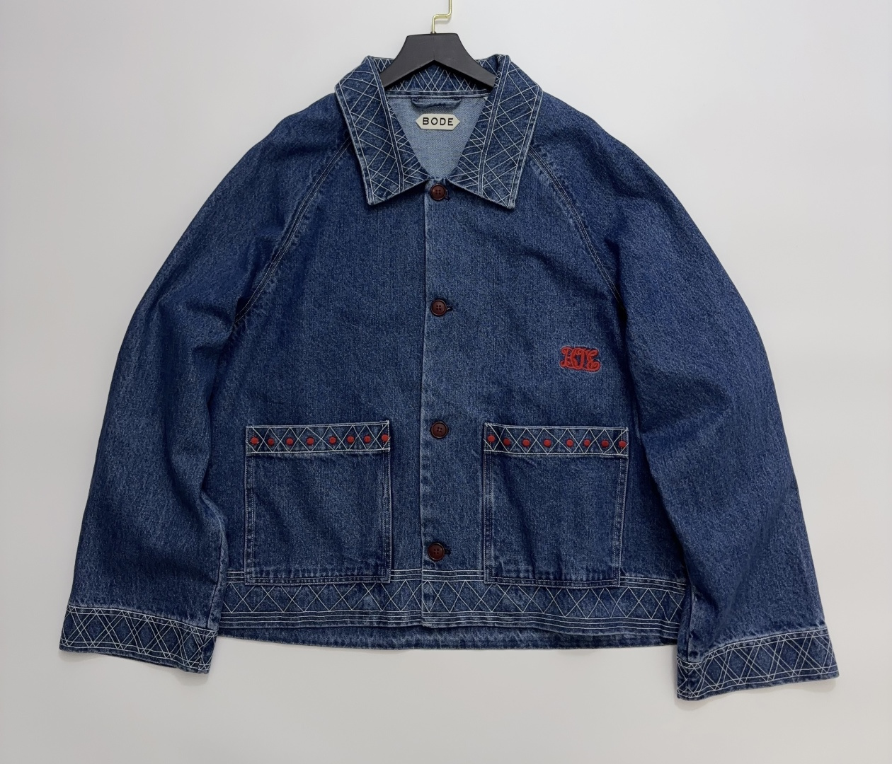 BODE Loose Fit Lapel Denim Jacket with Vintage Embroidered Details