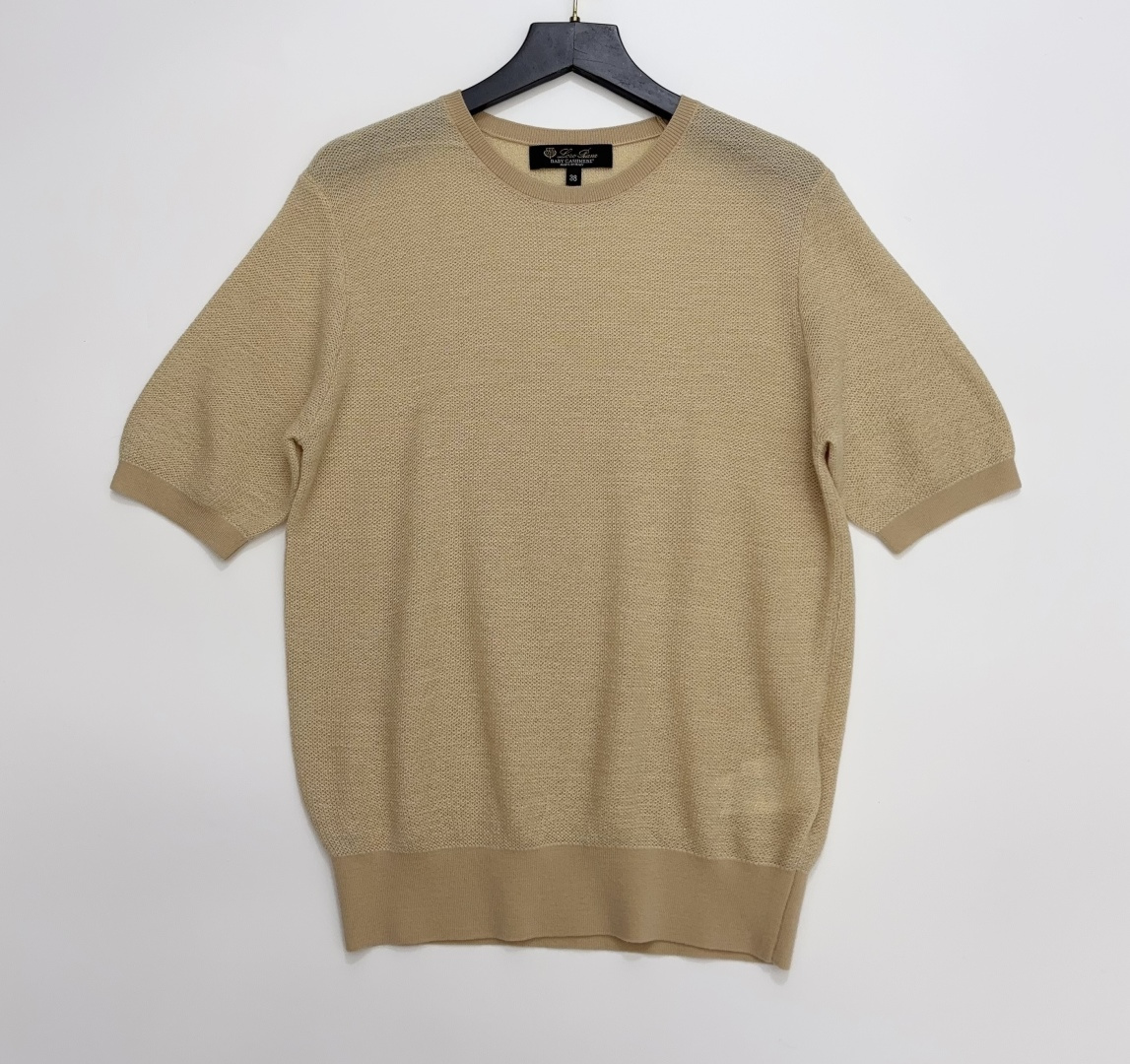 Loro Piana Honeycomb Weave Cashmere Knit Crewneck Short Sleeve Top