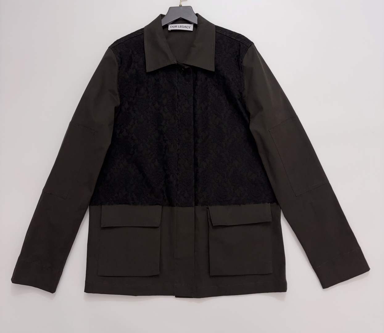 Workwear Style Flap Pocket Lapel Lace Patchwork Jacket