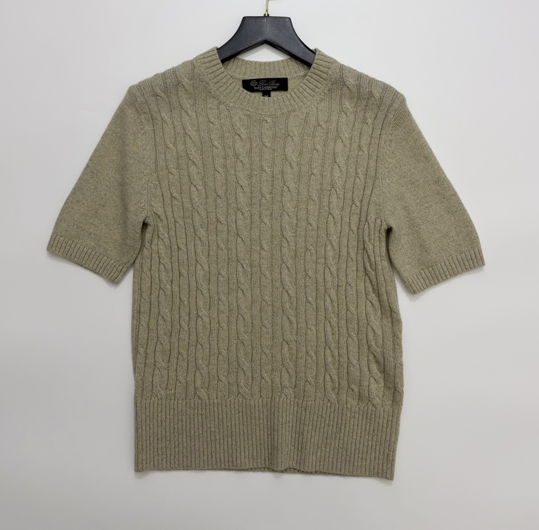 Loro Piana Oatmeal Grey Cable Knit Crewneck Short Sleeve Top