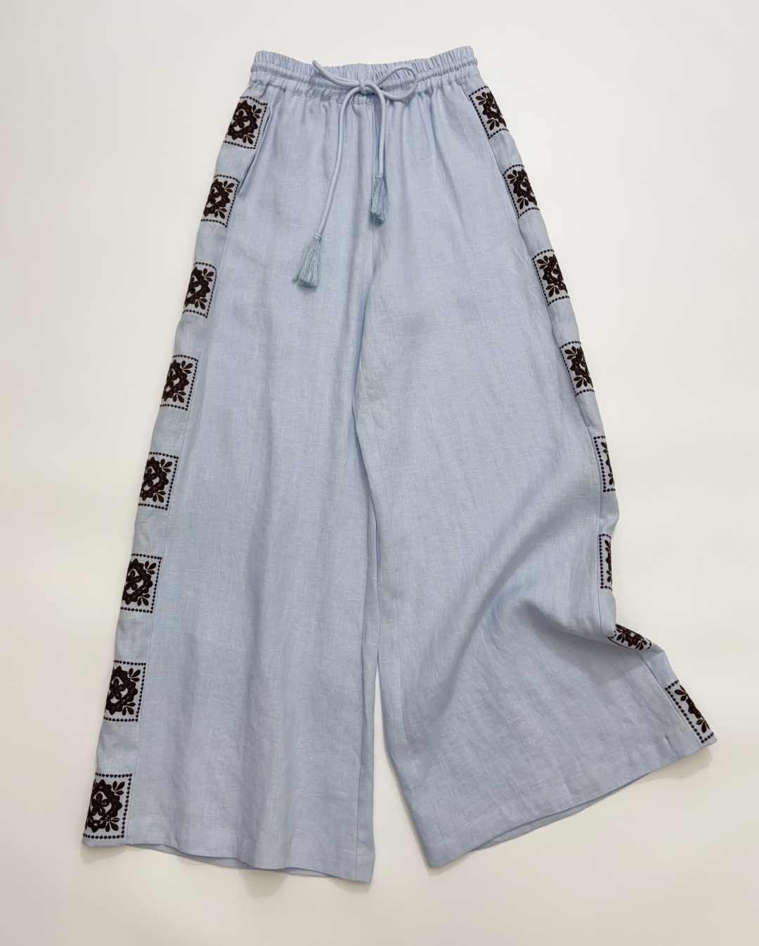 Alémais Refreshing Blue Vacation Wide-Leg Pants with Side Square Embroidery Drawstring Linen Trousers