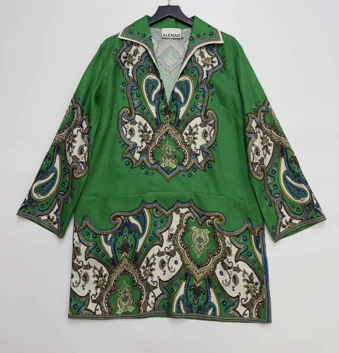 Alémais Emerald Green Retro Paisley Print Lapel Three-Quarter Sleeve Dress with Loose Linen Vacation Mini Dress