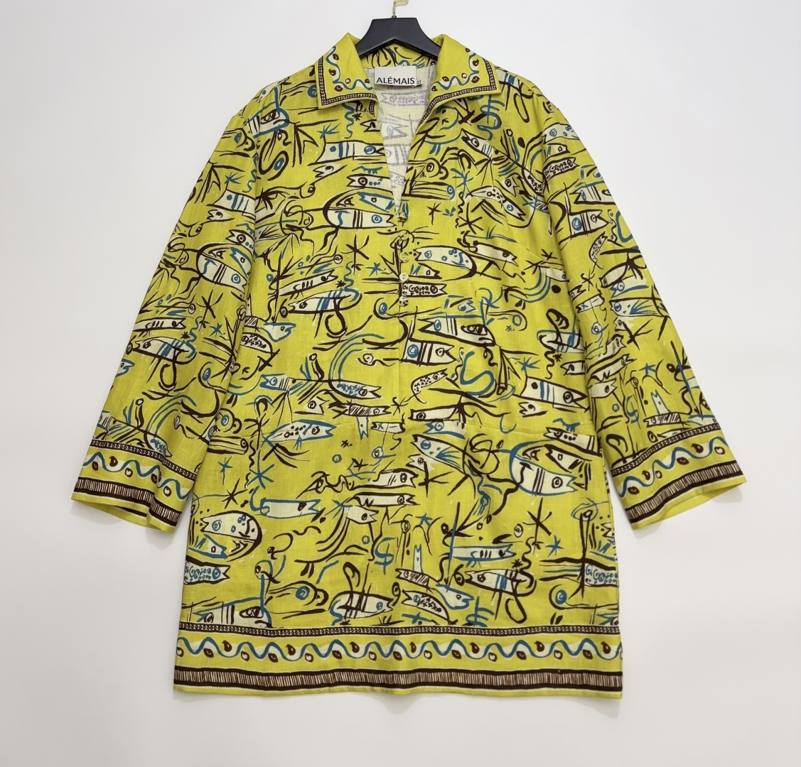 Alémais Vintage Graffiti Fish Print Yellow Lapel Mid-Length Top