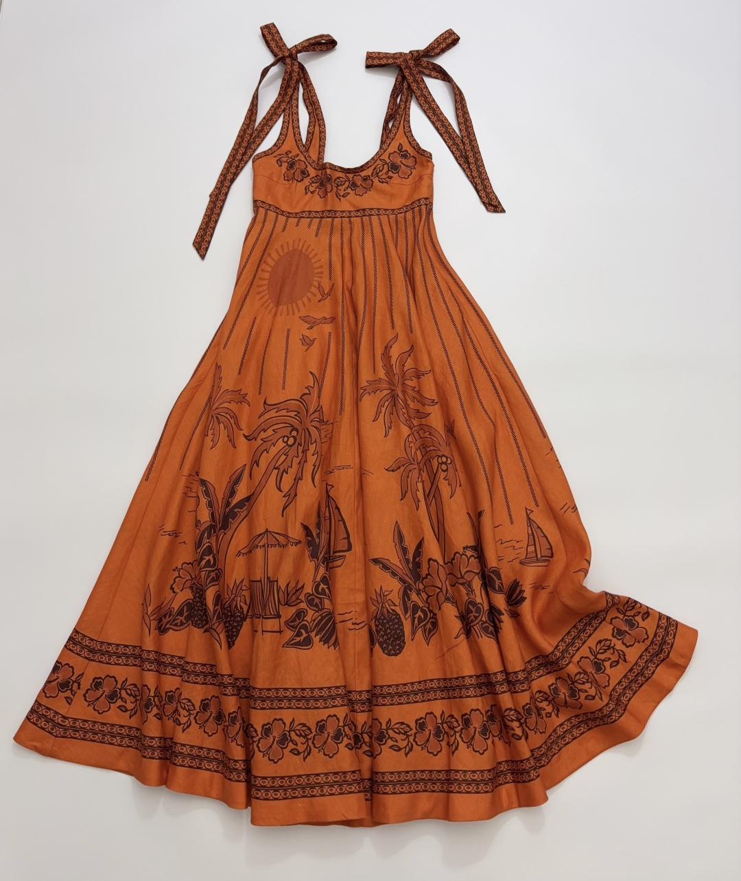 Alémais Orange Island Print Camisole Dress with Tie-Waist and Linen-Blend Maxi Skirt