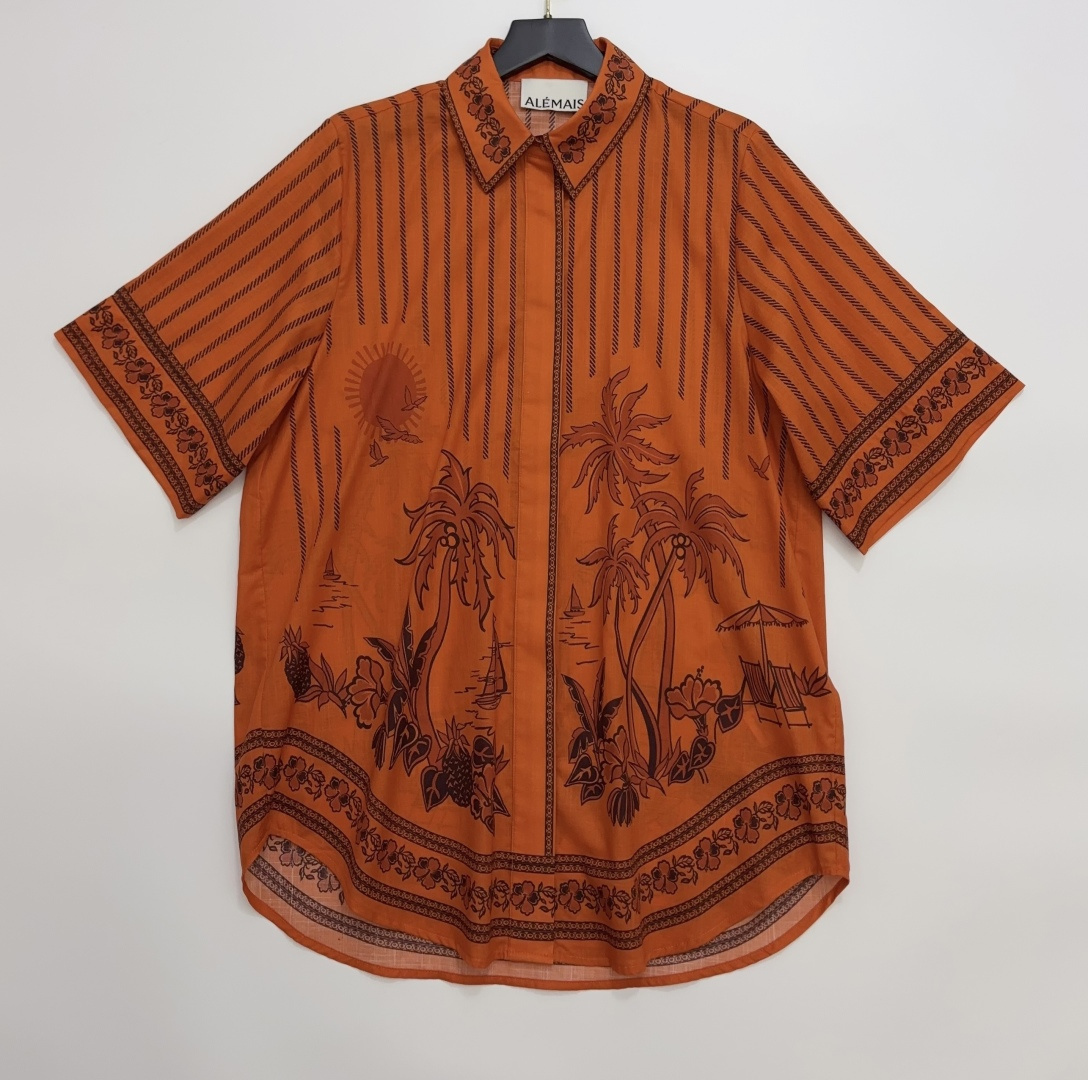 Alémais Orange-Brown Botanical Stripe Short-Sleeve Shirt with Island Print Loose Lapel Top