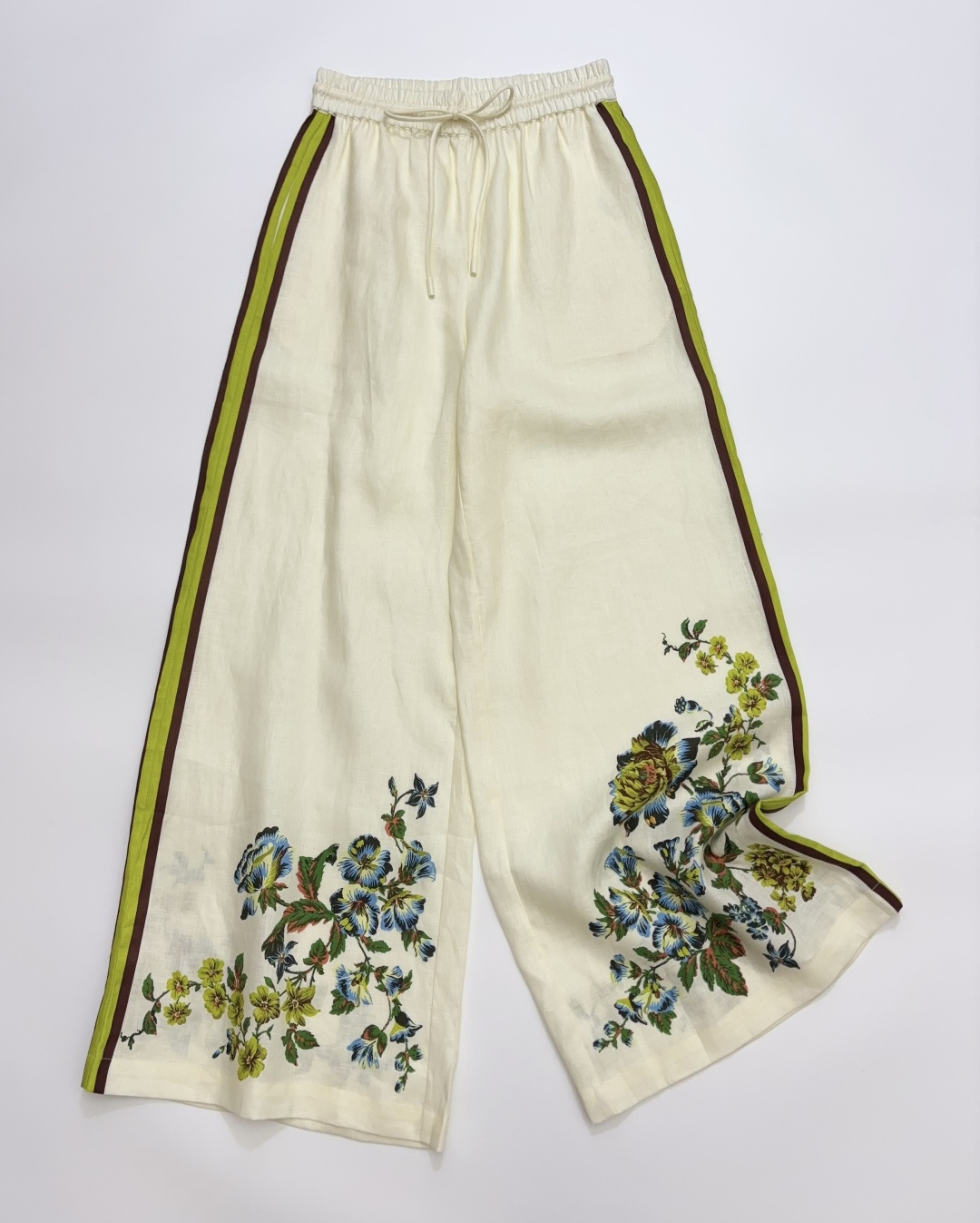 Alémais Asymmetric Floral Print Off-White Wide-Leg Pants with Elastic Waist Retro Vacation Casual Trousers