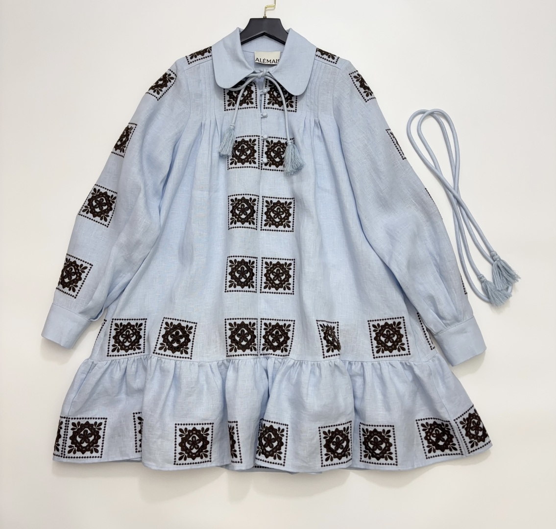 Alémais Light Blue Ethnic Square Print Lapel Long-Sleeve Mini Dress with Tassel Tie Ruffled Hem Vacation Dress