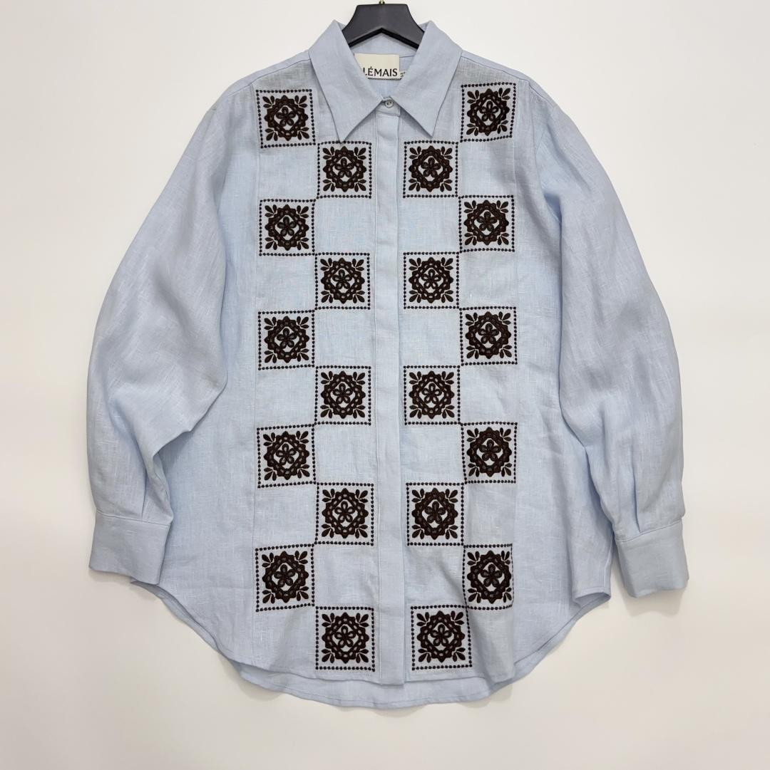 Alémais Light Blue Retro Embroidered Shirt with Checkerboard Floral Pattern Casual Loose Linen Blouse
