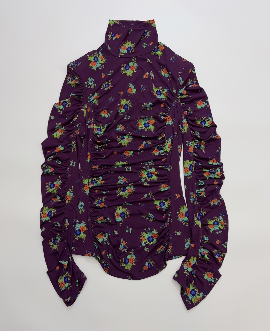 Alémais Vintage Purple Floral Semi-High Neck Top with Ruched Waist and Slim Fit Long Sleeve Base Layer