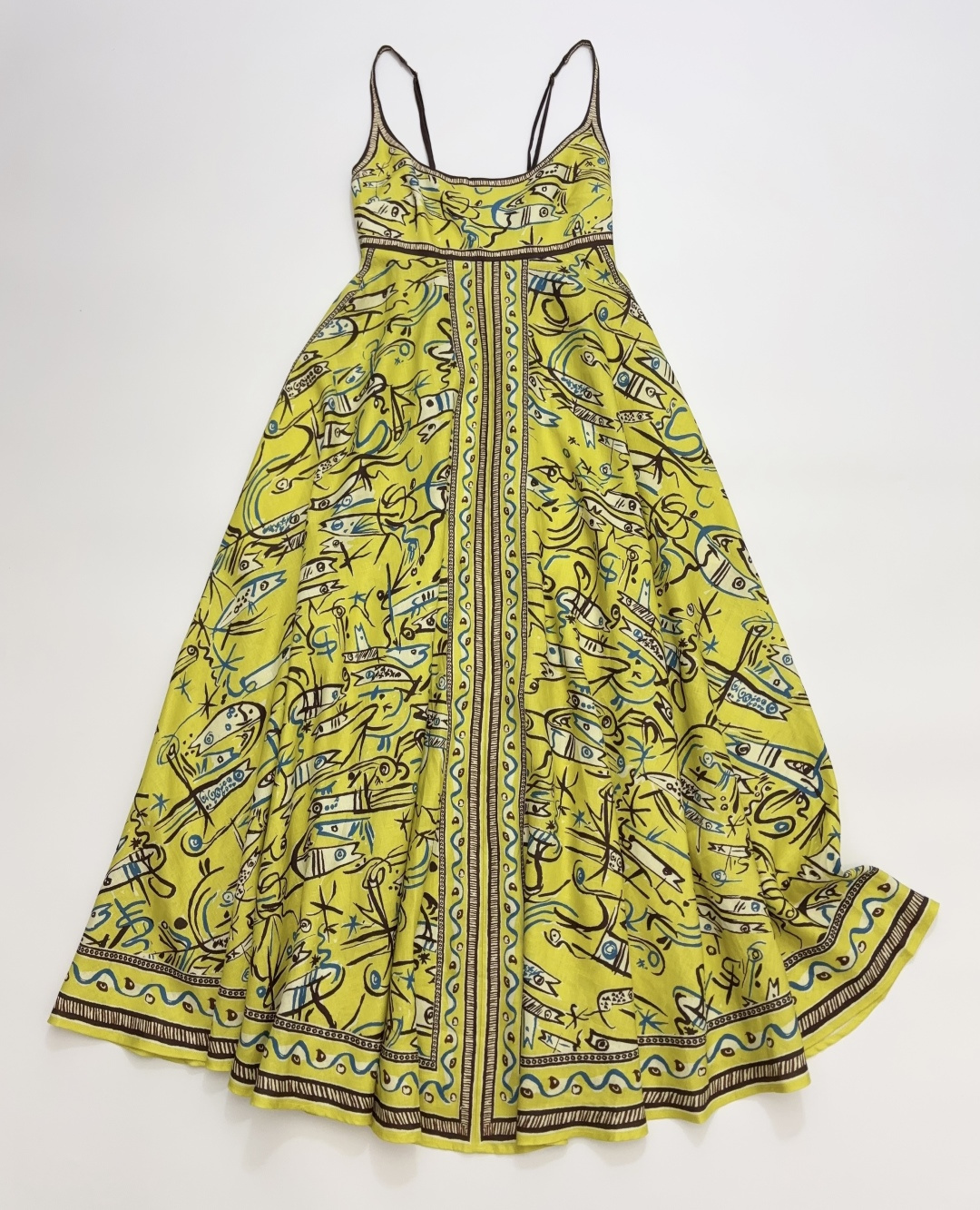 Alémais Vintage Graffiti Fish Print Yellow Cami Maxi Dress