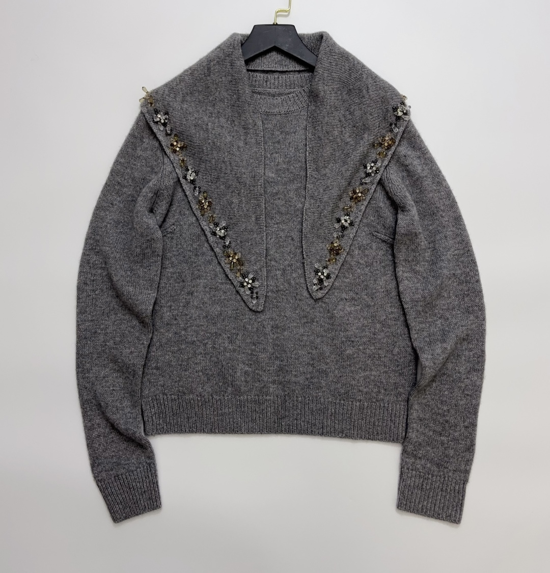 Prada Hand-Beaded Detachable Shawl Cashmere Knit Short Sleeve Top