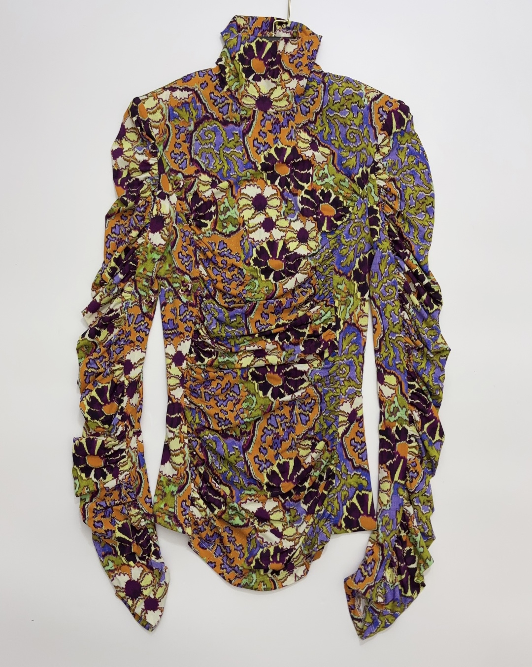 Alémais Retro Paisley Print Mock Neck Long Sleeve Top with Shirred Waist