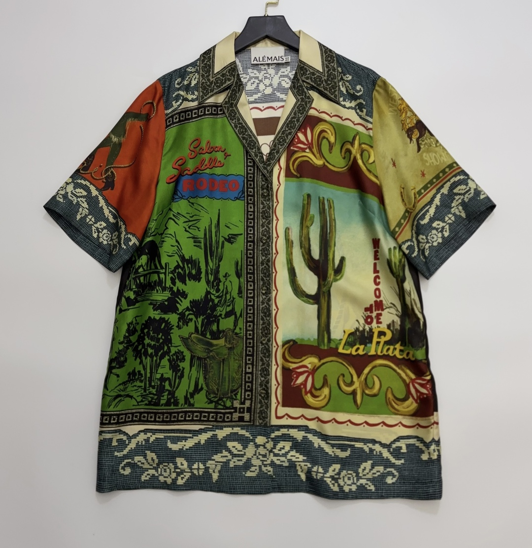 Silk Color-block Retro Print Short Sleeve Shirt