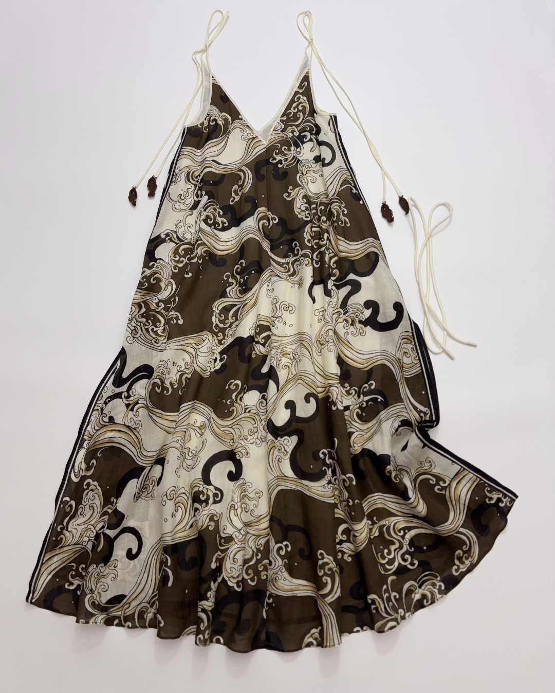 Alémais Brown Retro Print High-Waist Straight Ramie Cami Maxi Dress
