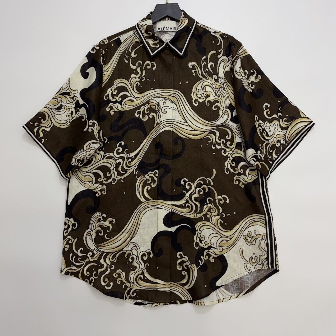 Alémais Brown Retro Print Otis Linen Short Sleeve Loose Shirt